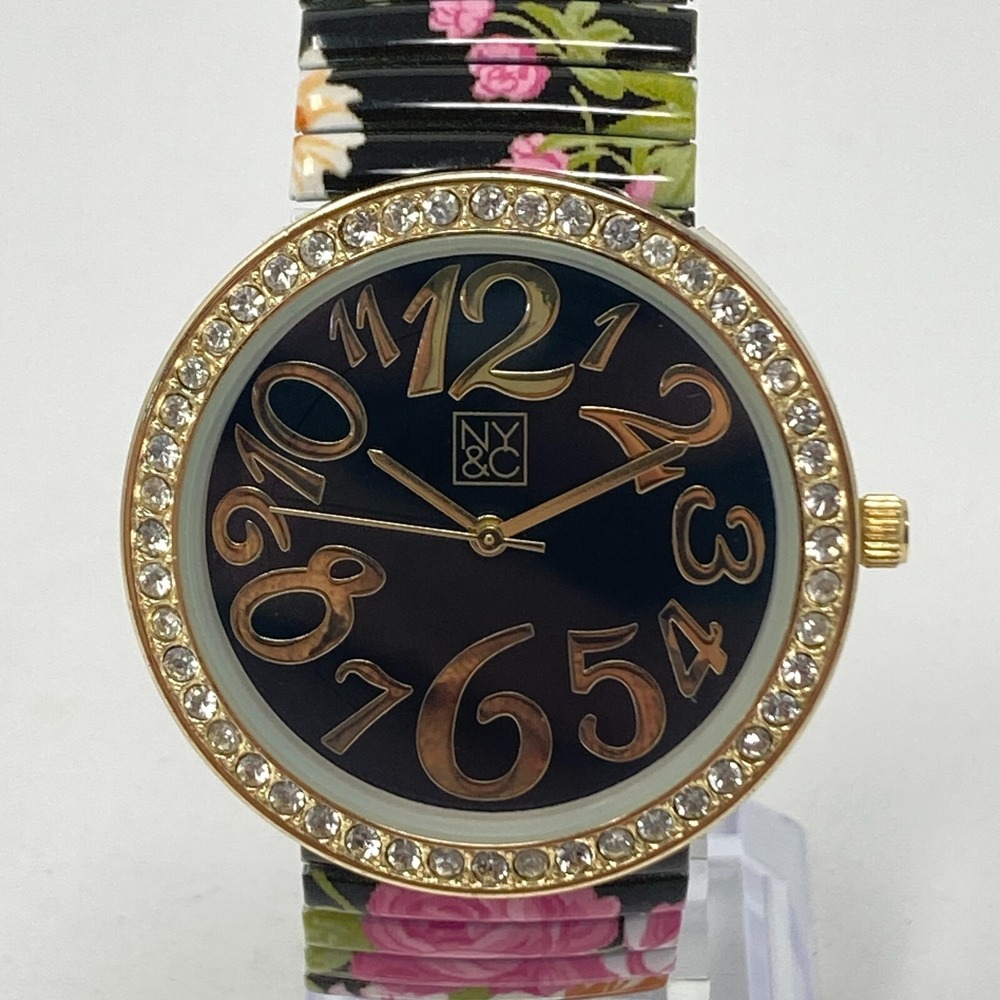 NY&C Women's Floral Watch 40mm Gold Tone Stretch Band Crystals New Battery 6.75"